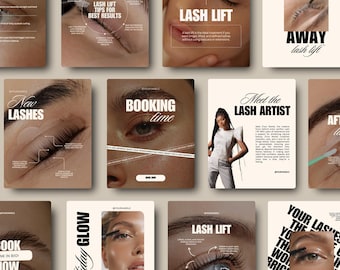 Plantillas para publicaciones de Instagram sobre lifting de pestañas, redes sociales sobre tecnología de pestañas, Canva editable (51 publicaciones e historias)