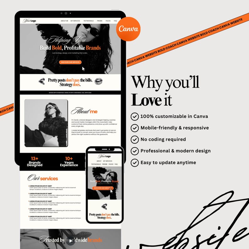 K&ouml;nnte beinhalten: Ein Website-Design f&uuml;r digitales Marketing, das auf einem Tablet und Smartphone angezeigt wird. Das Design enth&auml;lt den Text "Helping You Build Bold, Profitable Brands" und "Pretty posts don't pay the bills. Strategy does."