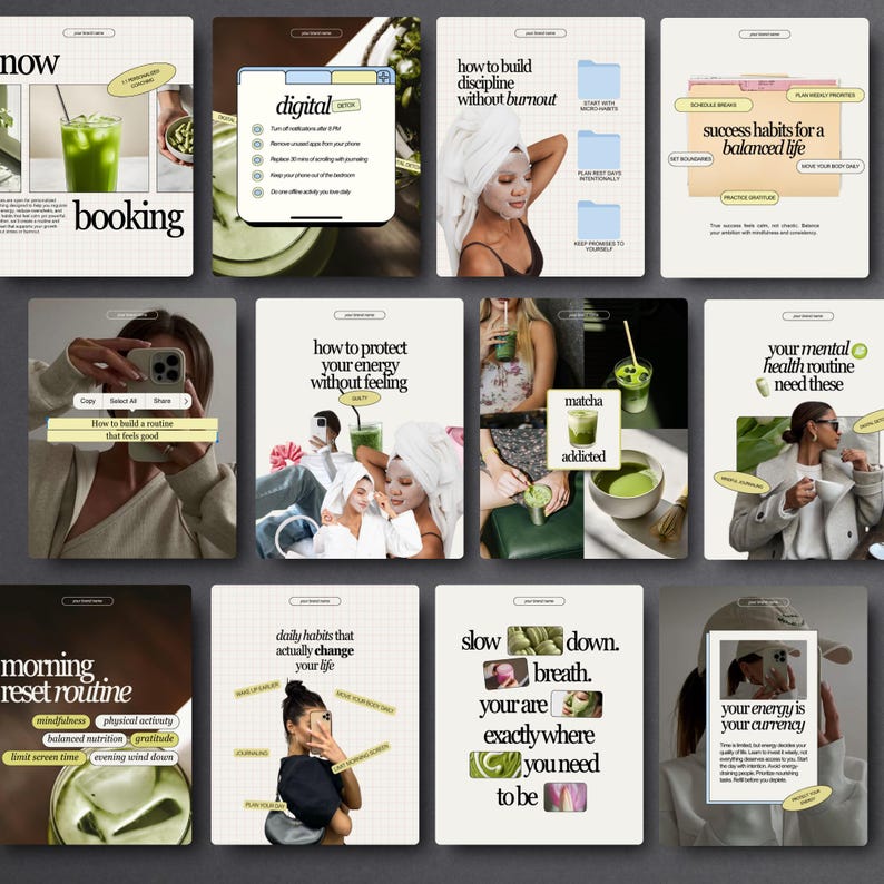 May include: A collection of digital graphics with text and images related to wellness and self-care. Topics include routines, mental health, and matcha. The color palette is neutral with pops of green and pink.