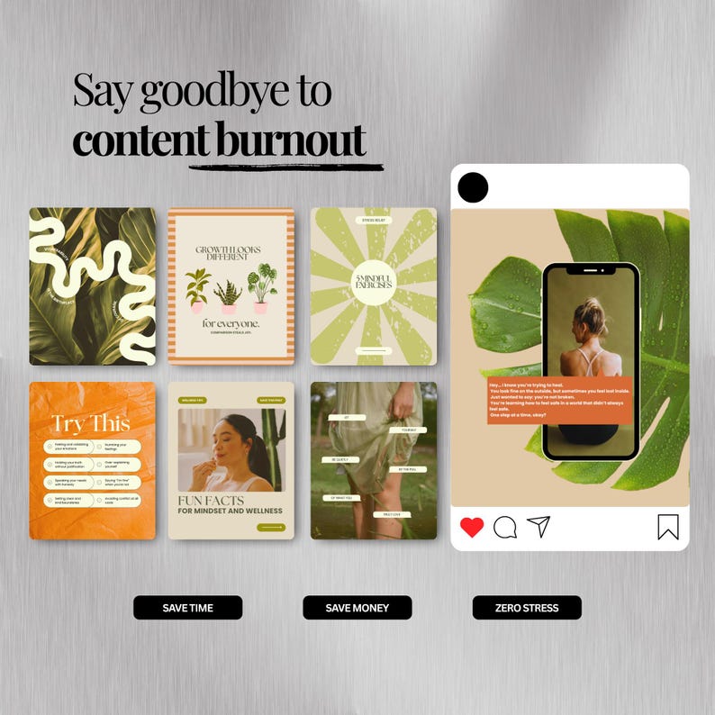 May include: An image with a light gray background features a collection of colorful square graphics with text, including "Say goodbye to content burnout." The graphics promote wellness and saving time and money. A smartphone displays a social media post.