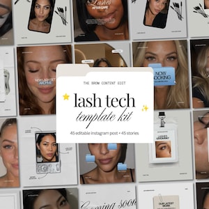 Könnte beinhalten: Ein digitales Marketing-Vorlagen-Kit für Wimpernstylisten mit einem zentralen weißen Ordnersymbol mit dem Text THE BROW CONTENT EDIT, lash tech template kit, 45 editable instagram post + 45 stories, umgeben von einem Raster aus Social-Media-Beiträgen.