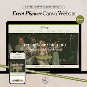 Puede incluir: Maqueta digital de una plantilla de sitio web de Canva para planificador de eventos. El diseño presenta un sitio web en una computadora portátil y un teléfono inteligente, mostrando una escena de boda. El texto incluye "Turning Your Vision into Unforgettable Moments".