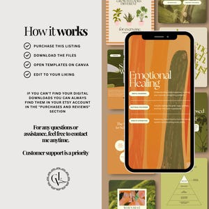 May include: A digital product display with a smartphone showing "Emotional Healing" graphics. The image includes text about mental awareness, emotional processing, and somatic integration. Additional text details how the product works and customer support information.