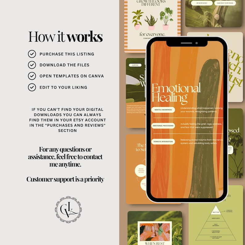 May include: A digital product display with a smartphone showing "Emotional Healing" graphics. The image includes text about mental awareness, emotional processing, and somatic integration. Additional text details how the product works and customer support information.