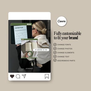 Puede incluir: Un gr&aacute;fico estilo Instagram con el logotipo de Canva y el texto "Fully customizable to fit your brand". La imagen incluye un calendario, un cuaderno y una taza de caf&eacute;, con el texto "CONTENT PLAN" y "MY WEEKEND SO FAR."