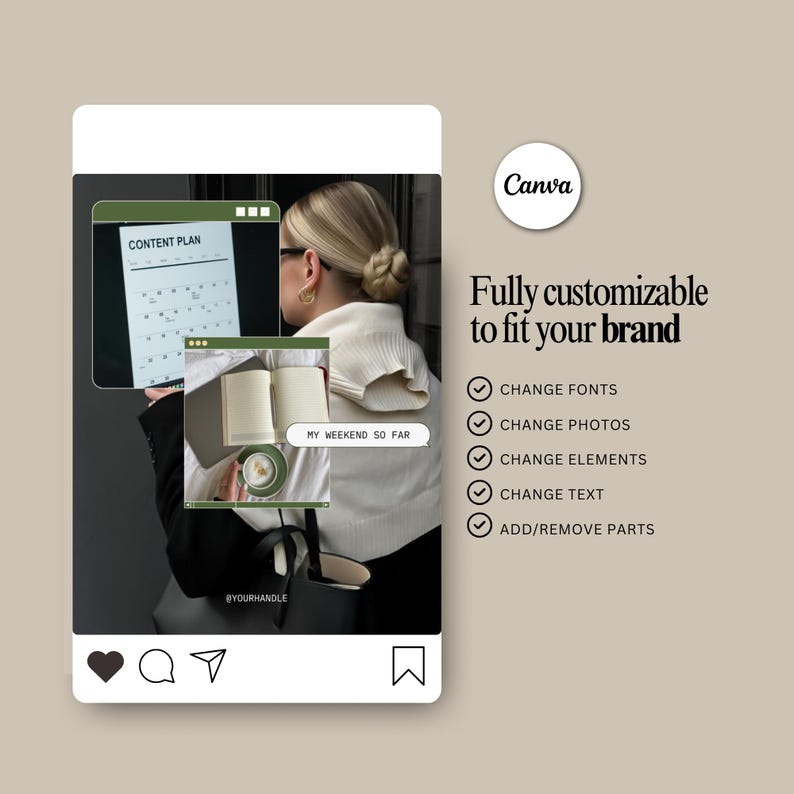 Puede incluir: Un gr&aacute;fico estilo Instagram con el logotipo de Canva y el texto "Fully customizable to fit your brand". La imagen incluye un calendario, un cuaderno y una taza de caf&eacute;, con el texto "CONTENT PLAN" y "MY WEEKEND SO FAR."