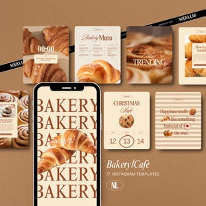 Könnte beinhalten: Eine Sammlung von Instagram-Vorlagen zum Thema Bäckerei. Das Design zeigt Croissants, Zimtschnecken und Textüberlagerungen wie "Bakery Menu" und "Christmas Sale". Die Farbpalette ist warm, mit Braun- und Cremetönen.