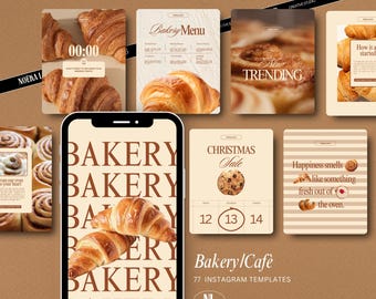 Pode incluir: Um conjunto de modelos Instagram com tema de padaria. O design apresenta croissants, rolinhos de canela e sobreposições de texto como "Bakery Menu" e "Christmas Sale". A paleta de cores é quente, com tons de castanho e creme.
