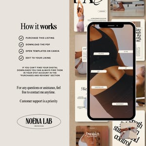 May include: A digital product advertisement with a beige background. The image features a smartphone displaying a Pilates graphic, surrounded by text and other graphics. The text includes "How it works" and instructions for purchasing and editing templates.