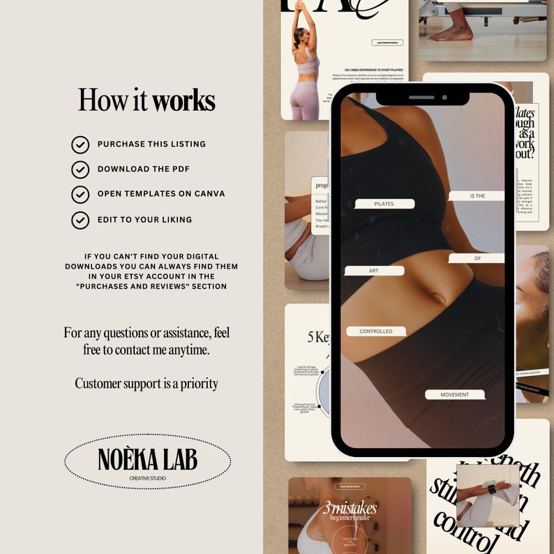 May include: A digital product advertisement with a beige background. The image features a smartphone displaying a Pilates graphic, surrounded by text and other graphics. The text includes "How it works" and instructions for purchasing and editing templates.