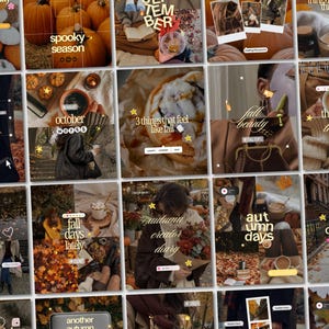 May include: A grid of social media posts featuring autumn-themed imagery, including pumpkins, coffee, fall foliage, and seasonal text overlays like spooky season, october notes, and autumn days, presented in a warm, muted colour palette.