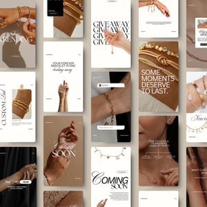 Pode incluir: Uma coleção de anúncios de joias com pulseiras, colares e brincos dourados. Alguns anúncios incluem texto como "Coming Soon", "Giveaway" e "Some Moments Deserve to Last". O tema geral é elegante e moderno.