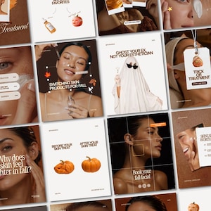 Könnte beinhalten: Ein Raster aus Social-Media-Grafiken zum Thema Hautpflege mit herbstlichen Motiven wie Kürbissen, einem Geisterkostüm und Textüberlagerungen wie Seasonal Treatment, Ghost Your Ex, Not Your Esthetician und Why does skin feel tighter in fall?