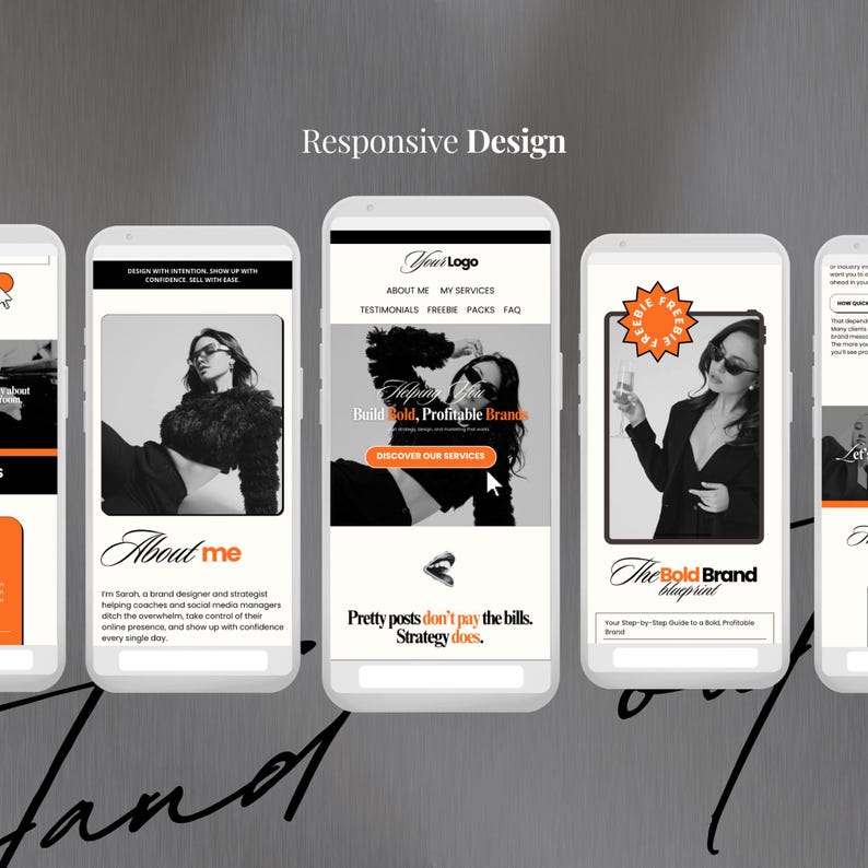 K&ouml;nnte beinhalten: Ein digitales Marketingkonzept mit Handy-Bildschirmen, die Website-Designs anzeigen. Die Bildschirme zeigen eine Frau mit Sonnenbrille, Website-Text und den Satz "Responsive Design". Das Design enth&auml;lt den Text "About me" und "The Bold Brand Blueprint".