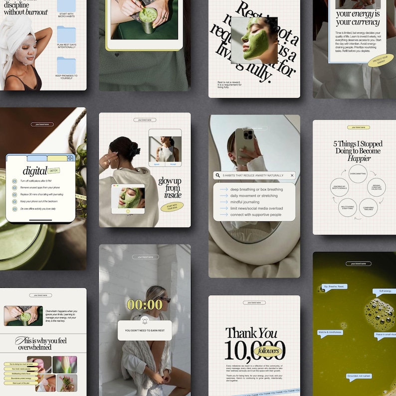 May include: A collection of digital graphics with self-care and wellness themes. The graphics include text such as "discipline without burnout", "glow up from inside", and "Thank You 10,000 followers". The color palette is neutral with green accents.