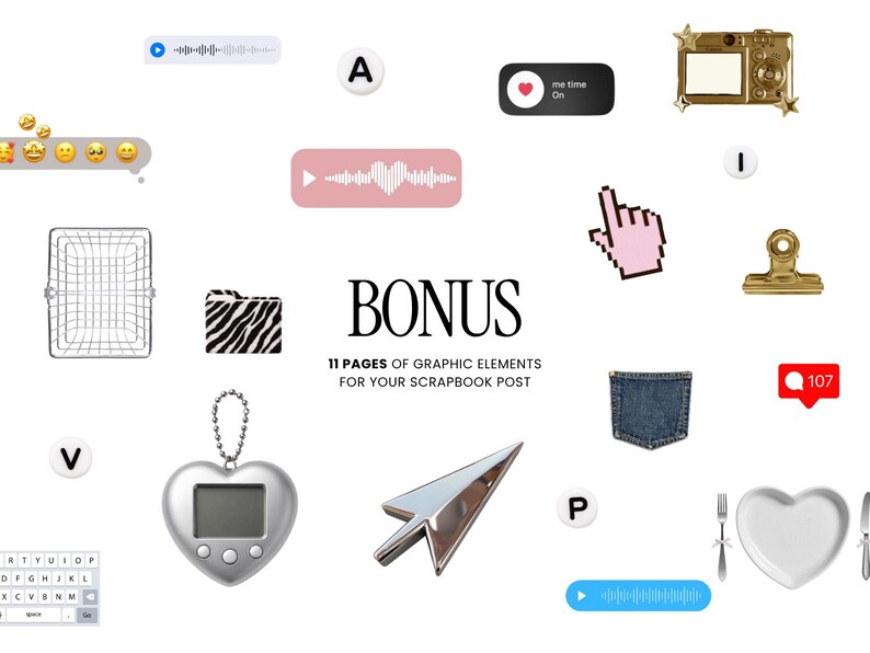 May include: A collection of digital graphic elements including a silver heart-shaped keychain, a metallic cursor, a gold camera, a zebra print folder, a denim pocket, a pink hand cursor, a white heart plate, and text reading BONUS 11 PAGES OF GRAPHIC ELEMENTS FOR YOUR SCRAPBOOK POST.