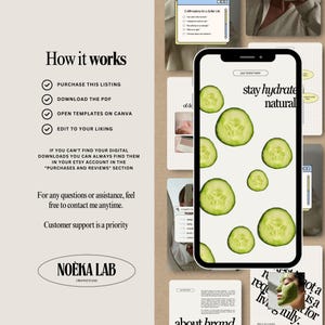 May include: A digital product mockup featuring a smartphone displaying a design with cucumber slices and the text "stay hydrate natural." Surrounding the phone are other digital product mockups and text that reads "How it works."