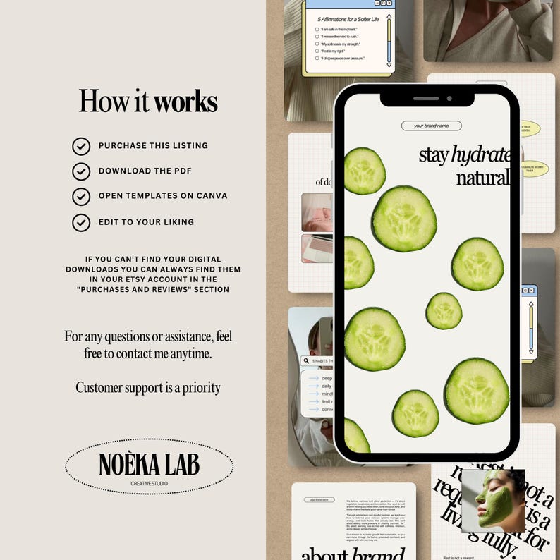 May include: A digital product mockup featuring a smartphone displaying a design with cucumber slices and the text "stay hydrate natural." Surrounding the phone are other digital product mockups and text that reads "How it works."