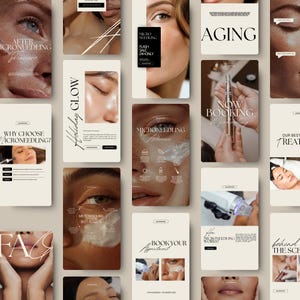 May include: A collection of promotional materials for skincare treatments, featuring close-up images of faces and text overlays. The text includes phrases like "Micro Needling," "Holiday Glow," and "Now Booking." The color palette is neutral with a focus on skin health.