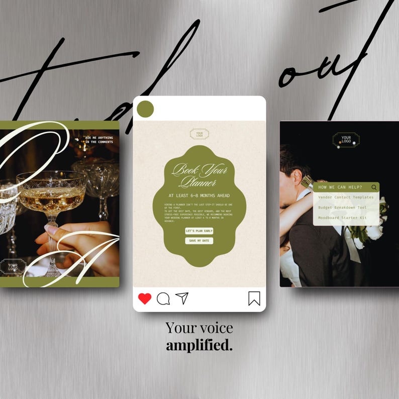 May include: A promotional graphic with three social media-style posts. The central post reads "Book Your Planner" with text below. The bottom of the graphic reads "Your voice amplified."