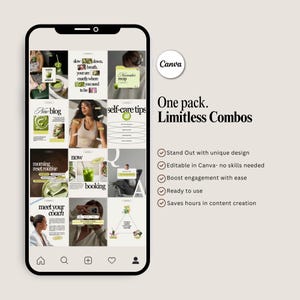 May include: A smartphone displays a grid of Instagram post templates with a wellness theme. The templates feature images, text, and graphics in shades of green, beige, and white. Text includes "New blog," "self-care tips," and "booking." The Canva logo is visible.