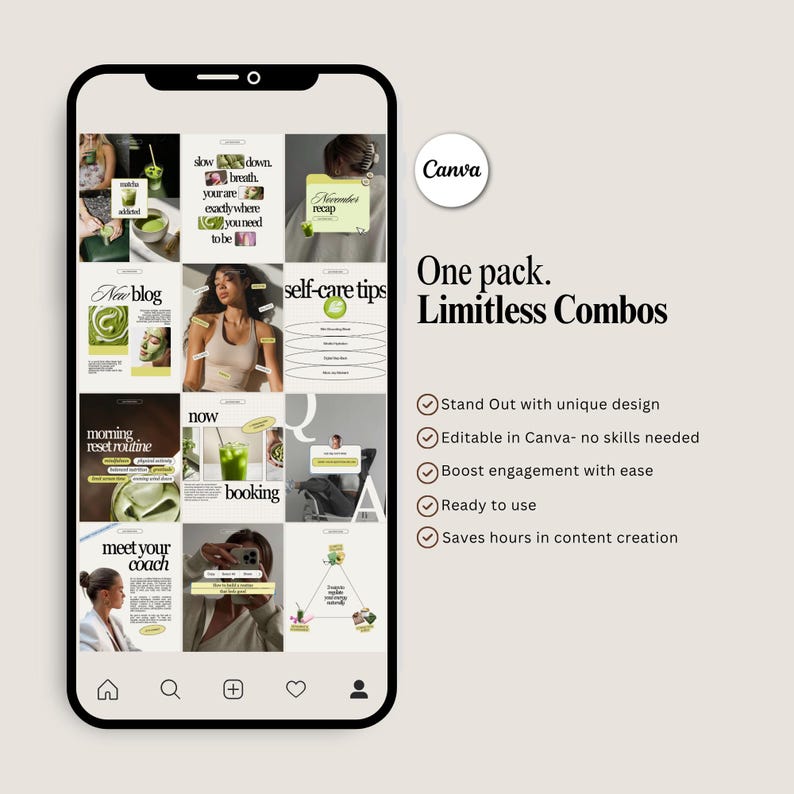 May include: A smartphone displays a grid of Instagram post templates with a wellness theme. The templates feature images, text, and graphics in shades of green, beige, and white. Text includes "New blog," "self-care tips," and "booking." The Canva logo is visible.