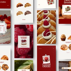 Może przedstawiać: Kolekcja cyfrowych szablonów marketingowych dla piekarni przedstawiająca różne wypieki, w tym rogaliki, bułeczki cynamonowe i pączki z malinami, wraz z elementami tekstowymi takimi jak Pastry Menu, Client's Favorite i Custom Orders.