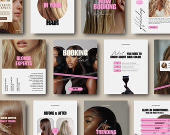 Plantillas de publicaciones de Instagram para peluquerías, paquete de redes sociales de lujo para peluqueros, Canva editable de peluquero rosa