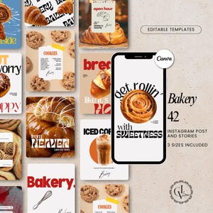 Può includere: Una collezione di modelli di post di Instagram a tema panetteria. I modelli presentano immagini di croissant, biscotti e caffè freddo. Il testo include "Bakery", "Cookies" e "Get rollin' with sweetness". I modelli sono modificabili e includono 3 dimensioni.