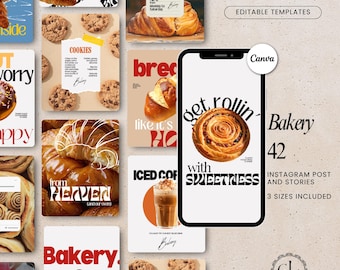 May include: A collection of bakery-themed Instagram post templates. The templates feature images of croissants, cookies, and iced coffee. Text includes "Bakery," "Cookies," and "Get rollin' with sweetness." The templates are editable and include 3 sizes.