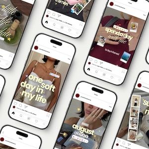May include: A collection of smartphones displaying various social media post templates with overlay text including phrases like little life update, spend a day with me, one soft day in my life, august notes, and sunday mood, featuring diverse imagery.