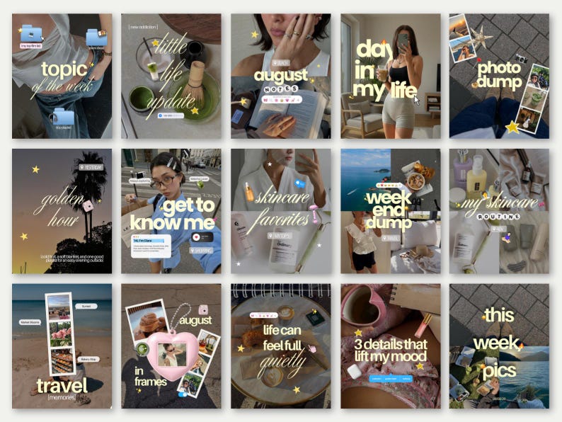 May include: A collection of fifteen digital social media templates featuring various lifestyle themes, including travel, skincare, and daily updates, decorated with star icons, text overlays, and photo frames in a cohesive aesthetic layout.