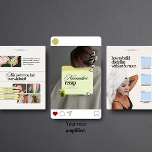 May include: Three social media-style graphics with text. The first says "This is why you feel overwhelmed" with related images. The second says "November recap". The third says "how to build discipline without burnout". All have a neutral color palette.