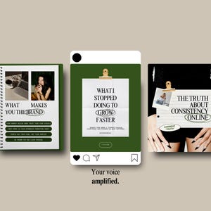 Puede incluir: Tres gr&aacute;ficos estilo redes sociales con texto. El primero dice "What Makes You The Brand" con vi&ntilde;etas. El segundo dice "What I Stopped Doing To Grow Faster". El tercero dice "The Truth About Consistency Online."