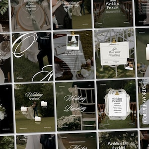 May include: A collection of twenty square social media templates featuring wedding-themed imagery, including tablescapes, ceremony seating, and couples. The designs incorporate white serif and script typography, folder icons, and polaroid-style frames.