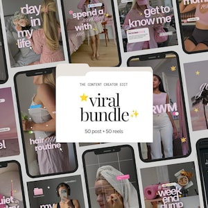 May include: A digital marketing template collection titled The Content Creator Edit viral bundle, featuring 50 post and 50 reels layouts. The graphic displays a central white folder icon with black text and yellow star icons, surrounded by various social media post previews.