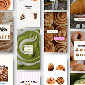 Puede incluir: Un collage de gráficos para redes sociales que muestra varios pasteles como rollos de canela, croissants y donas, junto con cafés, té matcha y textos superpuestos que incluyen Choose your drink, Client's picks y From our counter.