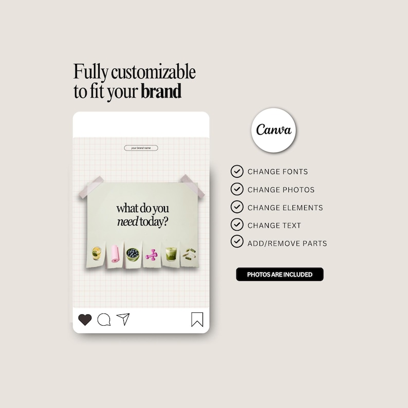 May include: A digital marketing template with the text "Fully customizable to fit your brand" and "what do you need today?" The Canva logo is visible, along with options to change fonts, photos, elements, and text.