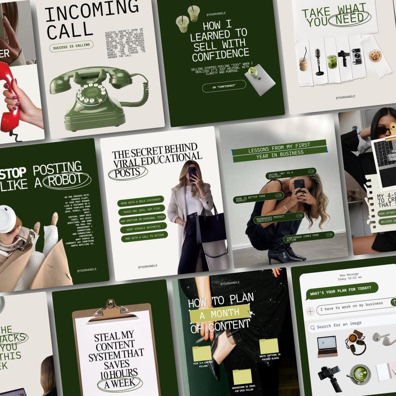 Puede incluir: Una colecci&oacute;n de gr&aacute;ficos para redes sociales con un esquema de color verde y blanco. Los gr&aacute;ficos presentan texto como "Incoming Call", "How I Learned to Sell with Confidence" y "Take What You Need". Las im&aacute;genes incluyen un tel&eacute;fono rotatorio, caf&eacute; y un port&aacute;til.