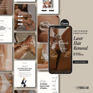 Könnte beinhalten: Instagram-Vorlagen für die Laser-Haarentfernung, mit einem Telefon, das ein Laser-Haarentfernungsverfahren zeigt. Das Design enthält Text und Grafiken mit Informationen über die Vorteile und die Nachsorge der Laser-Haarentfernung. Das Farbschema ist neutral.