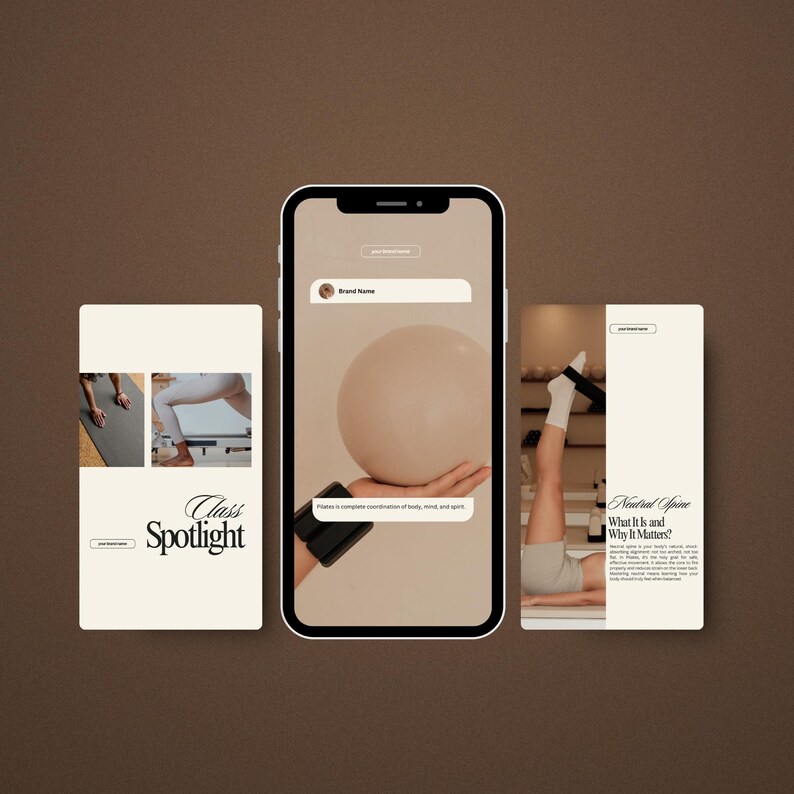 May include: A smartphone displays Pilates-themed content, including a beige exercise ball, workout demonstrations, and text that reads "Class Spotlight" and "Neutral Spine". The background is a solid brown.