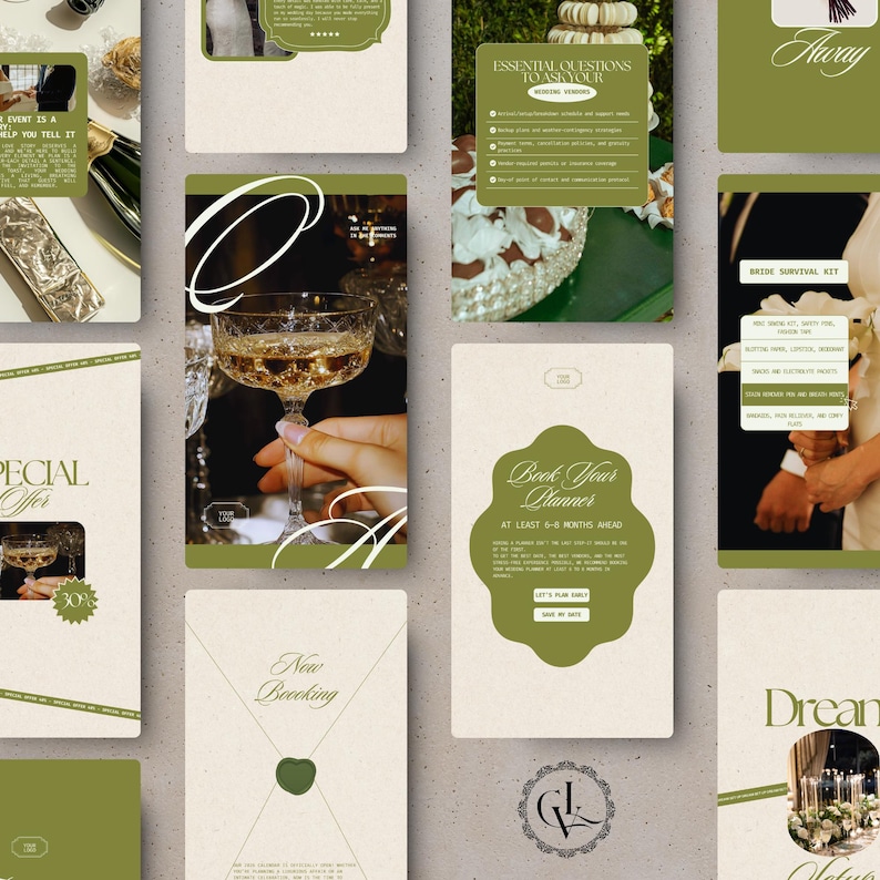 May include: A collection of wedding-themed graphics in shades of green and beige. The images include text such as "Essential Questions to Ask Your Wedding Vendor" and "Book Your Planner." A hand holds a champagne glass.