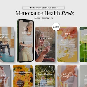 Könnte beinhalten: Eine Sammlung von Instagram-Reel-Vorlagen zum Thema Menopause-Gesundheit. Die Vorlagen enthalten Bilder und Text zu Yoga, Hitzewallungen, Hormonersatztherapie und anderen Themen rund um die Menopause. Die Vorlagen sind für die Verwendung auf Instagram konzipiert.
