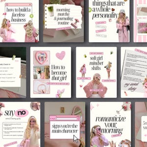 May include: A collection of pink and white aesthetic digital art prints with text. The prints cover topics like building a business, journaling, and self-care. The overall theme is feminine and motivational.