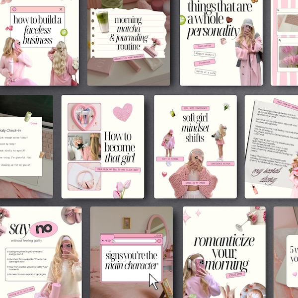 May include: A collection of pink and white aesthetic digital art prints with text. The prints cover topics like building a business, journaling, and self-care. The overall theme is feminine and motivational.