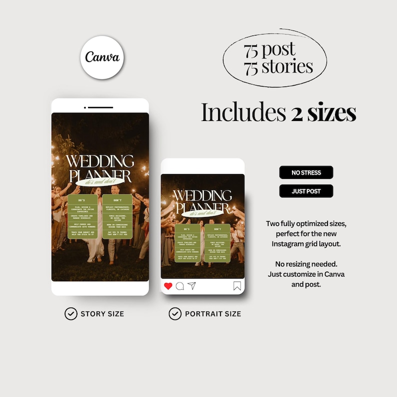 May include: A digital wedding planner template displayed on two phone screens. The screens show a wedding planner design with the text "Wedding Planner" and "Includes 2 sizes". The image also includes the Canva logo and text that says "75 post 75 stories".