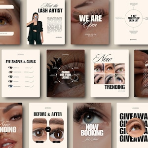 Puede incluir: Una colección de gráficos promocionales para servicios de pestañas. Las imágenes presentan primeros planos de ojos con pestañas largas, con texto como "Meet the Lash Artist", "We Are Open" y "Now Trending". Otros gráficos muestran formas de ojos, beneficios del lifting de pestañas y resultados de antes y después.