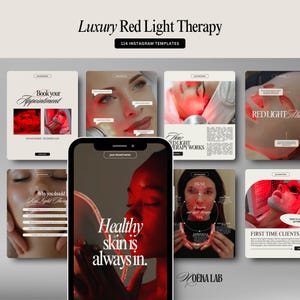 Könnte beinhalten: Werbebild für "Luxury Red Light Therapy" mit 114 Instagram-Vorlagen. Das Bild zeigt Vorlagen mit Text wie "Book your Appointment" und "Healthy skin is always in". Das Thema ist Hautpflege und Wellness, mit Fokus auf Rotlichttherapie.