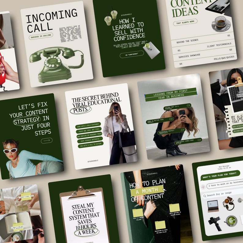 Puede incluir: Una colecci&oacute;n de gu&iacute;as de marketing digital y creaci&oacute;n de contenido. Las portadas presentan textos como "Incoming Call", "How I Learned to Sell with Confidence" y "Let's Fix Your Content Strategy". La combinaci&oacute;n de colores es principalmente blanco, verde y negro.
