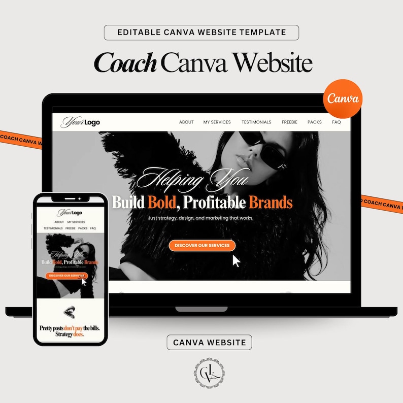 K&ouml;nnte beinhalten: Ein Laptop und ein Smartphone zeigen eine Website-Vorlage. Das Design zeigt ein Schwarz-Wei&szlig;-Bild einer Frau mit Sonnenbrille. Der Text enth&auml;lt "Coach Canva Website" und "Build Bold, Profitable Brands".
